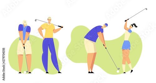 Group of People in Sports in Uniform Playing Golf on Green Field, Hitting Ball to Hole with Professional Equipment, Sport Game, Tournament, Summer Luxury Recreation. Cartoon Flat Vector Illustration
