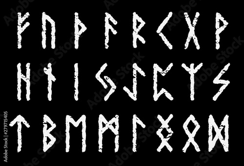 Scandinavian ancient runic alphabet set white color isolated on black background - Vector letter symbols.