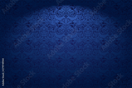 Royal, vintage, Gothic horizontal background in dark blue ultramarine with a classic Baroque pattern, Rococo.With dimming at the edges. Vector illustration EPS 10