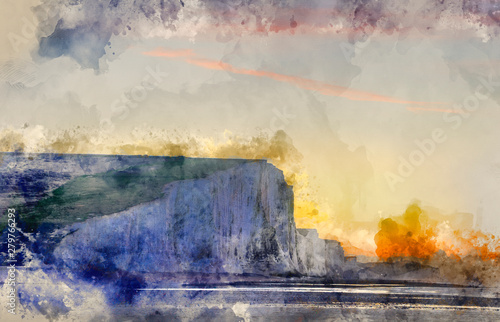 Digital watercolor painting of Seven Sisters cliffs at Winter sunrise