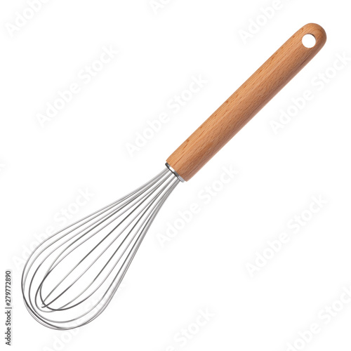 Clean new steel whisk isolated on white background. Cooking egg beater mixer whisker with wooden handle.