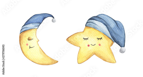 Sleepy half moon and little star in blue nightcap. Isolated on white background. Hand drawn watercolor illustration.