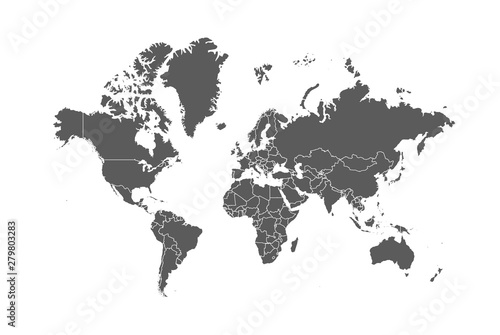 Blank Grey similar World map isolated on white background. Monochrome Worldmap Vector template for website, design, cover, annual reports, infographics. Flat Earth Graph World map illustration.