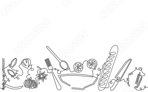 Cooking. Continuous line Drawing Pattern. Background with Utensils and Food.Vector illustration.