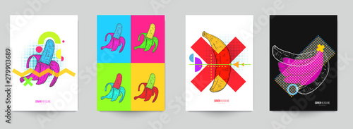 Set background for covers, invitations, posters, banners, flyers, placards. Minimal template design for branding, advertising with hand drawn sketch banana in fashion pop art style.