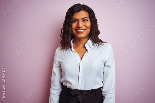 Beautiful transsexual transgender elegant businesswoman over isolated pink background with a happy and cool smile on face. Lucky person.