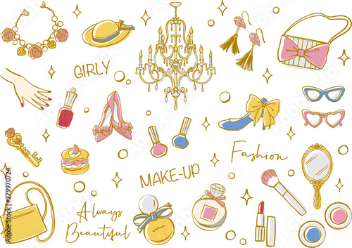 Cosmetics and Fashion accessories set. Hand drawn vector illustration.