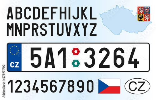 Czech Republic car license plate, letters, numbers and symbols, vector illusttration, European Union