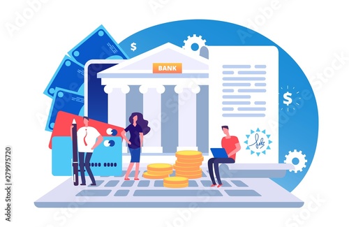 Online bank agreement. Loan contract, online bill payment vector concept with tiny people, bank building, credit card and money. Illustration of e-banking payment, online banking