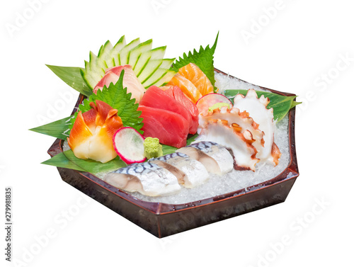sashimi mix set include salmon, tuna, saba, tai, tako and hokkigai isolated on white background