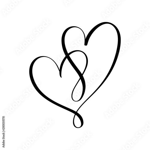 Heart two black sign. Icon on white background. Vector illustration romantic symbol linked, join, love, passion and wedding. Template for t shirt, card, poster. Design flat element of valentine day