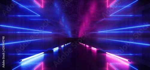 Spaceship Neon Glowing Lights Laser Shapes Beam Purple Blue Vibrant Retro Modern Futuristic Sci Fi Night Club Scene Tunnel Corridor Hall Garage Grunge Concrete Reflective Background 3D Rendering