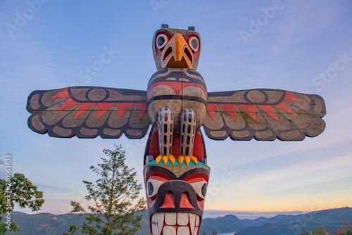 Eagle totem pole at the summit of the Malahat mountain in Vancouver Island