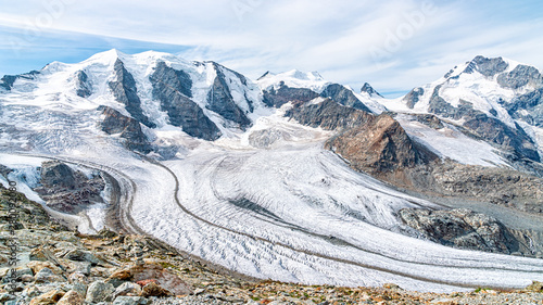 View for Morteratsch Glacier and panorama of Piz Berinia and Piz Palu in Switzerland. Swiss Alps.