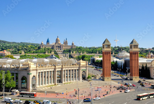 Barcelona, Spain, Picturesque view on the tourist city - Square of Spain, iconic landmark by Montjuic, popular travel destination. Postcard from Barcelona, Europe.