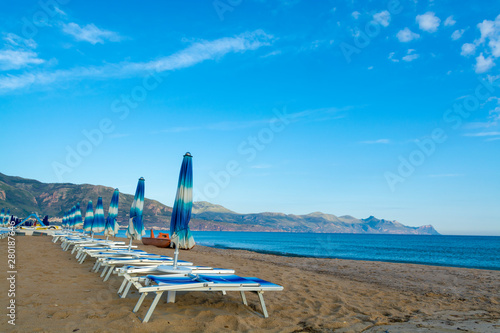 Coastline with sandy beach and clear sea water in Alcamo Marina, small town in Sicily, Italy, summer vacation destination