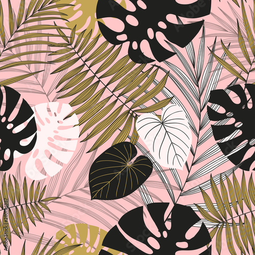 Tropical palms leaves seamless pattern. Botanical summer leaf background. Stylish, trendy design. Vector illustration