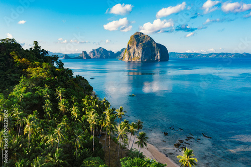 Aerial view Las Cabanas beach in El Nido, Palawan, Philippines