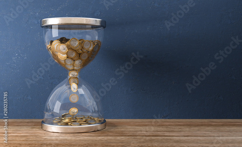 3D Illustration Sanduhr mit Geldmünzen