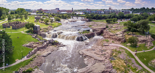 Aerial panorama of the falls in Sioux Falls, South Dakota and Falls Park.