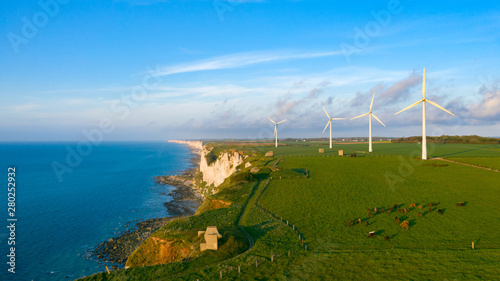 Cinq éoliennes dans un champ normand au bord de la mer