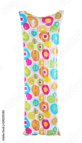 Bright inflatable mattress on white background. Beach accessories