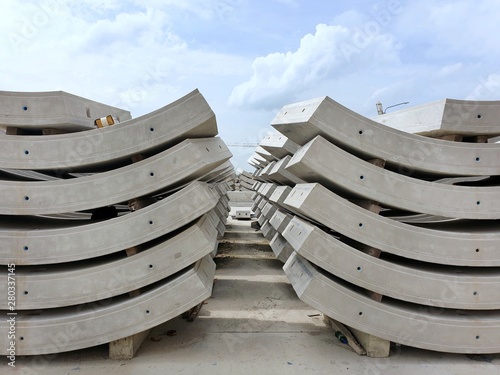 Precast concrete plant with blue sky in the construction site, in storage yard area at Thailand, Space for text in template, Concrete Tunnel Segments