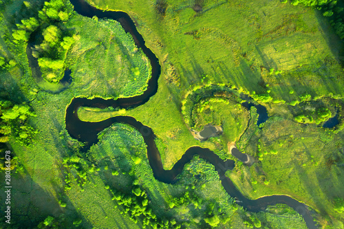 Ecology and environment concept. Green nature from above. Aerial view on river landscape. Healthy nature