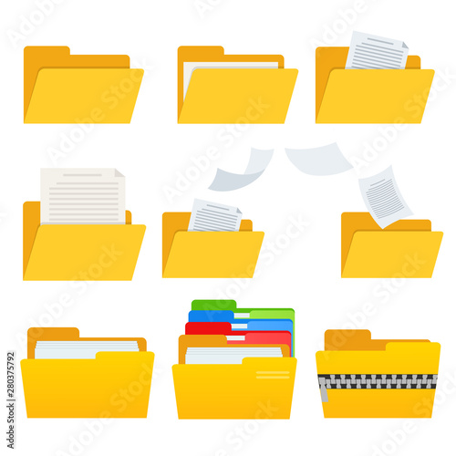 set of yellow web computer folder icon with documets for design on white, stock vector illustration