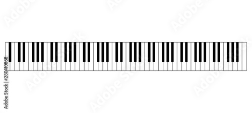 Grand piano keyboard layout with 88 keys. 52 white and 36 black keys, 7 full octaves. Set of levers on a musical instrument for playing the twelve notes of Western musical scale. Illustration. Vector.