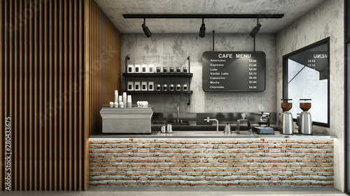 Cafe shop Restaurant design Minimalist Loft,Counter brick,Top counter stainless steel,Wall back counter concrete,Concrete floors -3D render