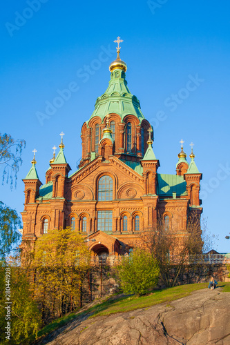 Helsinki, Finland - May 9 2019: Red Church - Uspenski Orthodox Cathedral on a rocky hill