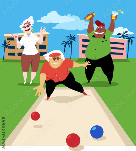 Group of active seniors playing bocce ball, EPS 8 vector illustration