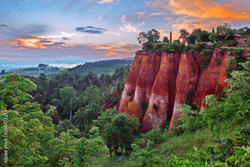 Roussillon, Provence, France: landscape at dawn of the ochre rocks and the valley in the nature park of Luberon