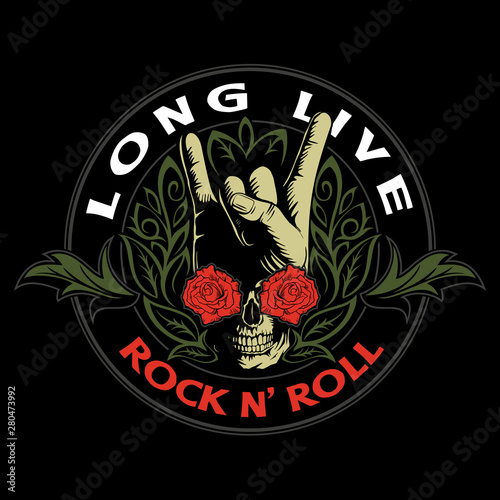 Hard rock, heavy metal, sign of the horns, rock sign hand with the skull, roses and ornaments, rock vector logo.