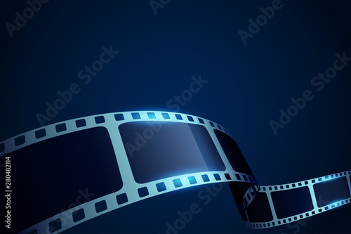 Realistic 3d Film reel stripe cinema on blue background with place for text. Modern 3d isometric film strip in perspective. Vector cinema festival. Movie template for backdrop, brochure, leaflet.
