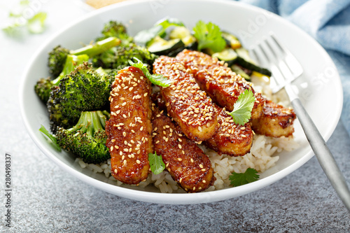 Teryaki tempeh with rice and roasted vegetables