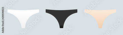 Panties symbol. Woman underwear type: thong. Basic colors: white, black and nude. Vector illustration, flat design