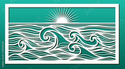 Laser cut template. Stencil for wood or metal cutting or carving, paper art, wall decorative panel for interior design. Sea landscape with waves and sunset. Vector illustration