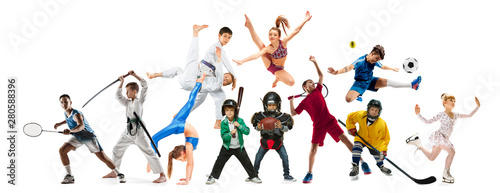 Creative collage of photos of 10 models. Advertising, sport, healthy lifestyle, motion, activity, movement concept. American football, soccer, tennis volleyball box badminton rugby