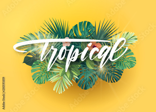 Green and yellow summer tropical background with exotic monstera palm leaves and hibiscus flowers. White handlettering with 3d effect. Vector floral illustration.