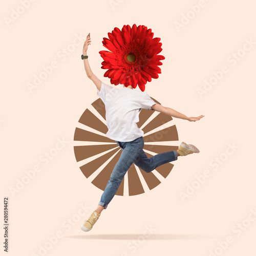 Light and weightless. Female ballet dancer headed by flower dancing on pink background. Negative space to insert your text. Modern design. Contemporary art. Creative conceptual and colorful collage.