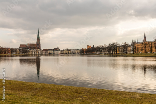 Schwerin, Germany. Views of Schwerin Cathedral (Schweriner Dom) in the Pfaffenteich, a pond lake in the middle of the city