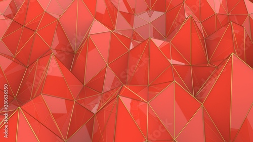 Low poly Tomato color and gold line backgound