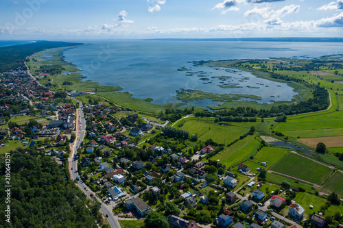 Aerial view of Vistula Split. Mierzeja Wislana Landscape Park. Photo made from above by drone.