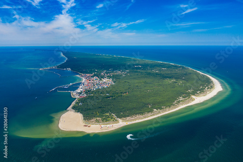 Aerial view of Hel Peninsula in Poland, Baltic Sea and Puck Bay (Zatoka Pucka) Photo made by drone from above.