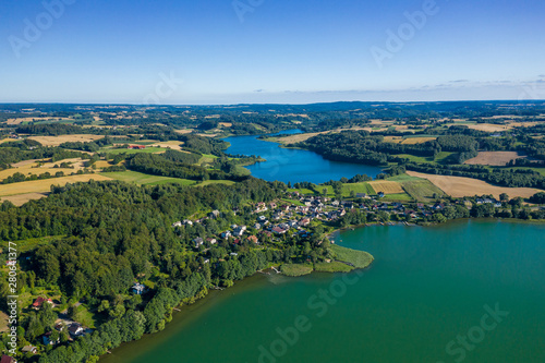 Aerial view of Kashubian Landscape Park. Kaszuby. Poland. Photo made by drone from above. Bird eye view.