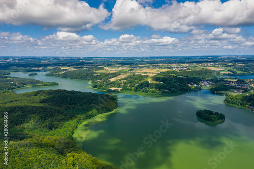 Aerial view of Kashubian Landscape Park. Kaszuby. Poland. Photo made by drone from above. Bird eye view.