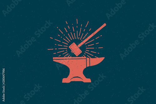 Hand drawn red hammer and anvil in the rays of light. Black metal work. Blacksmithing vintage label. Monochrome style. Vector illustration.