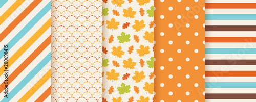 Autumn pattern. Vector. Seamless print with fall leaves, polka dot, stripes and fish scale. Seasonal geometric textures. Colorful cartoon illustration. Cute abstract backgrounds. Orange wallpaper.